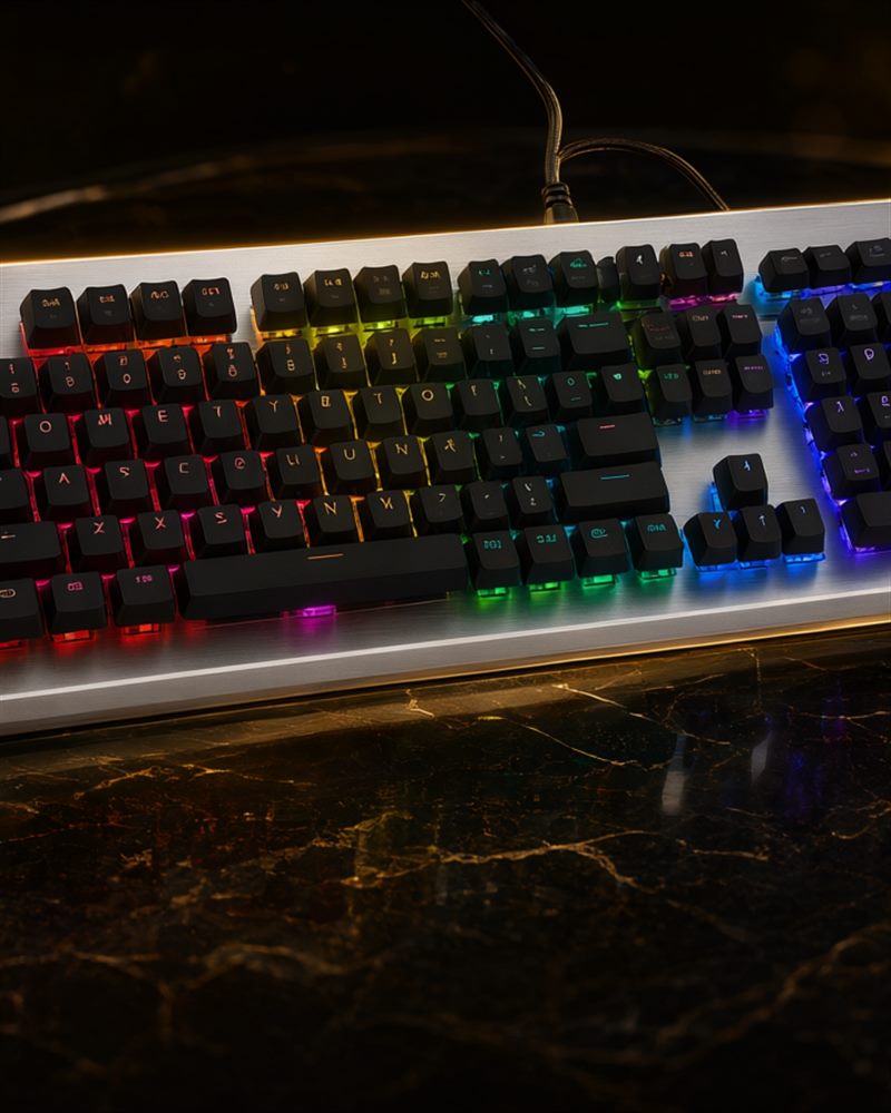 The ANVIL 104 — a full-size board with a numeric pad, black floating keycaps on a brushed silver plate, lit by a left-to-right rainbow, on a thick black cable.