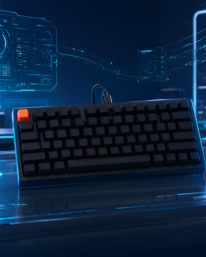 The ANVIL 75 in matte black — a compact 75 % board with blank charcoal keycaps, an orange escape cap, a thick bezel and an attached black cable. No lighting.
