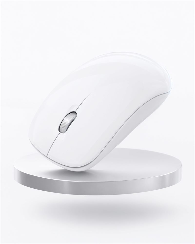 The AXIS 54 in gloss arctic white — a low symmetrical two-button shell with a ribbed silver scroll wheel and smooth, buttonless flanks.