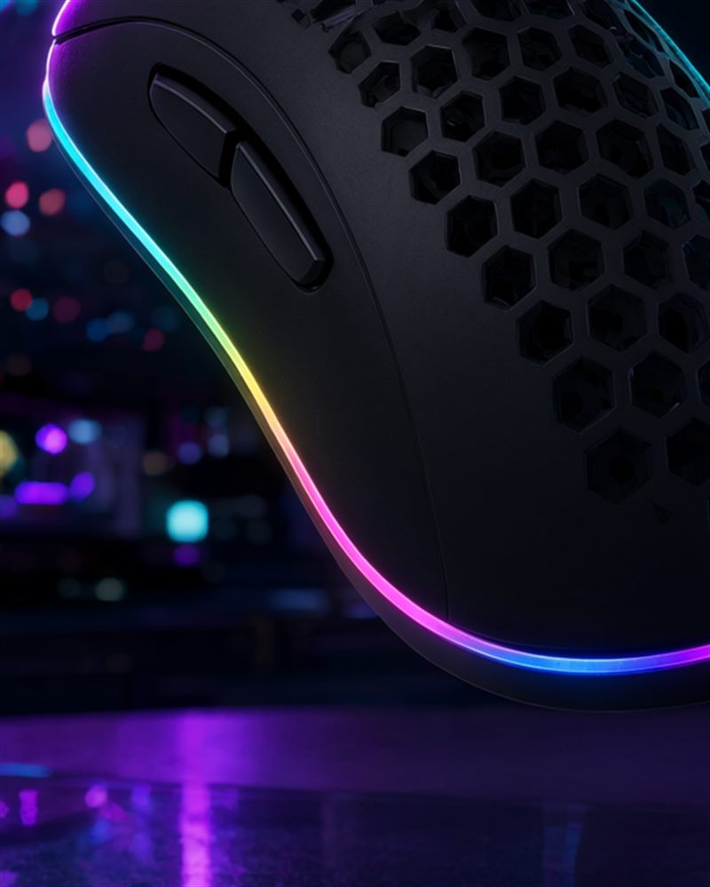 The BASE 68 in matte black — a honeycomb-shelled wired mouse with two thumb buttons and a full-perimeter RGB underglow, on a braided cable.