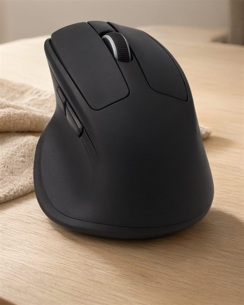 The CURVE 61 in matte black — a tall right-handed ergonomic shell with a flared thumb shelf, two thumb buttons and no lighting.