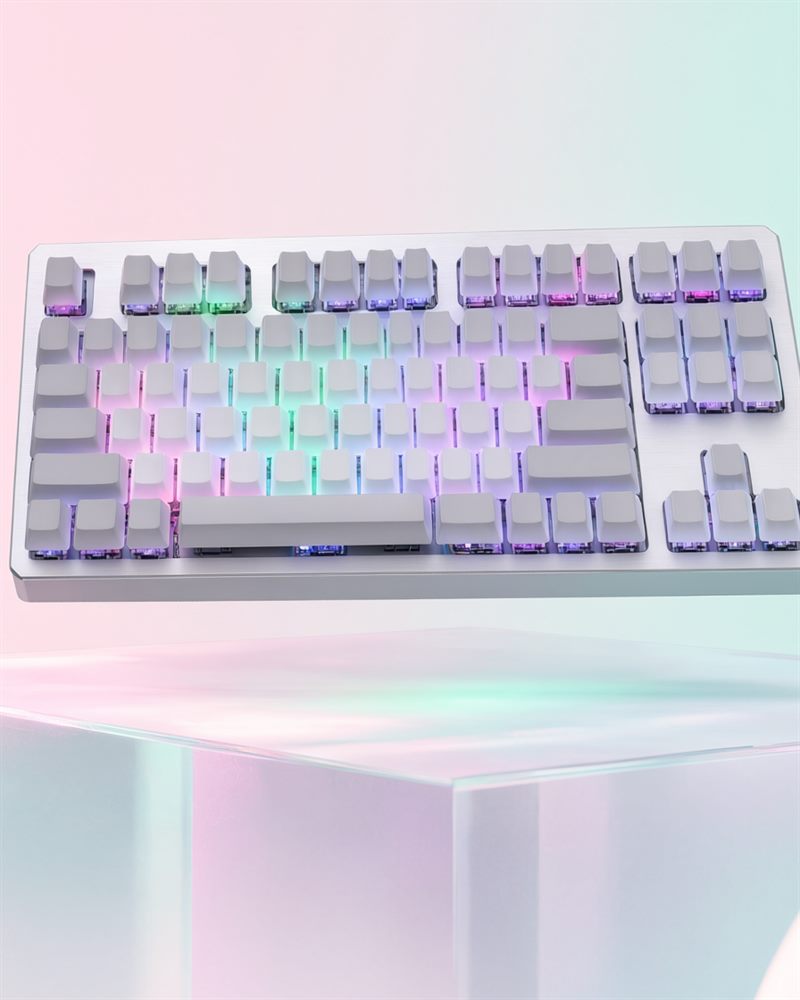 The RAIL 80 HE — a tenkeyless board with blank white keycaps on a brushed silver aluminium frame, lit by pastel per-key RGB through exposed switch housings.