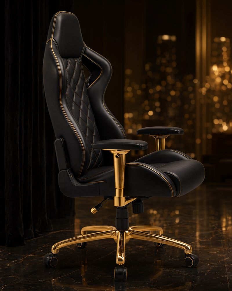 The SESSION XL in black leather with gold diamond quilting and gold piping, an integrated headrest, gold armrest posts and a polished brass five-star base.