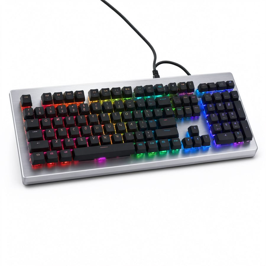 The ANVIL 104 — a full-size board with a numeric pad, black floating keycaps on a brushed silver plate, lit by a left-to-right rainbow, on a thick black cable.