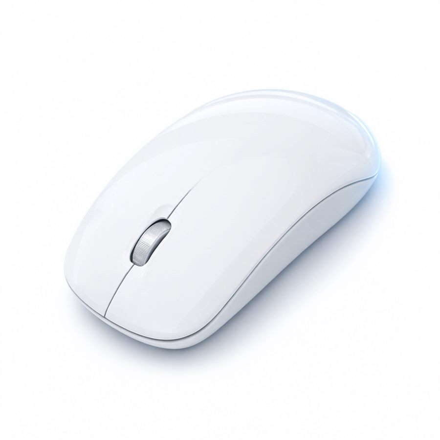 The AXIS 54 in gloss arctic white — a low symmetrical two-button shell with a ribbed silver scroll wheel and smooth, buttonless flanks.