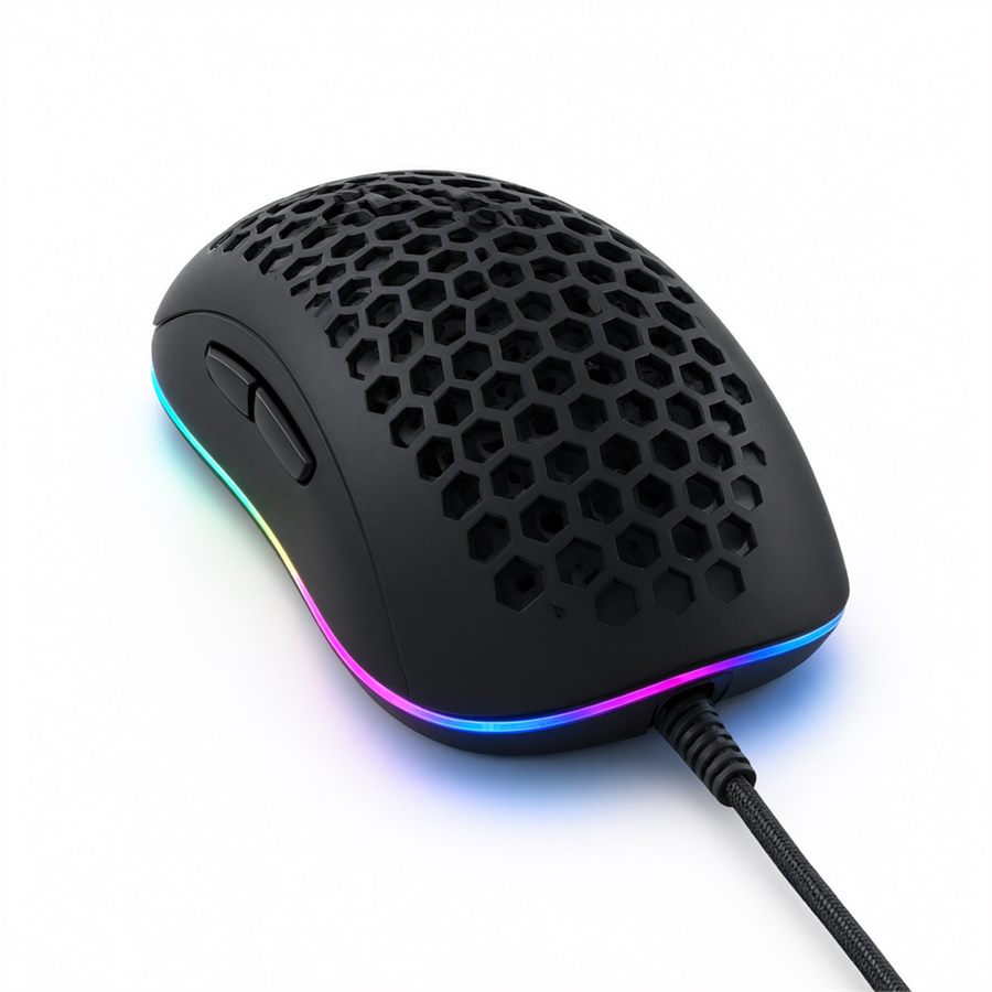 The BASE 68 in matte black — a honeycomb-shelled wired mouse with two thumb buttons and a full-perimeter RGB underglow, on a braided cable.