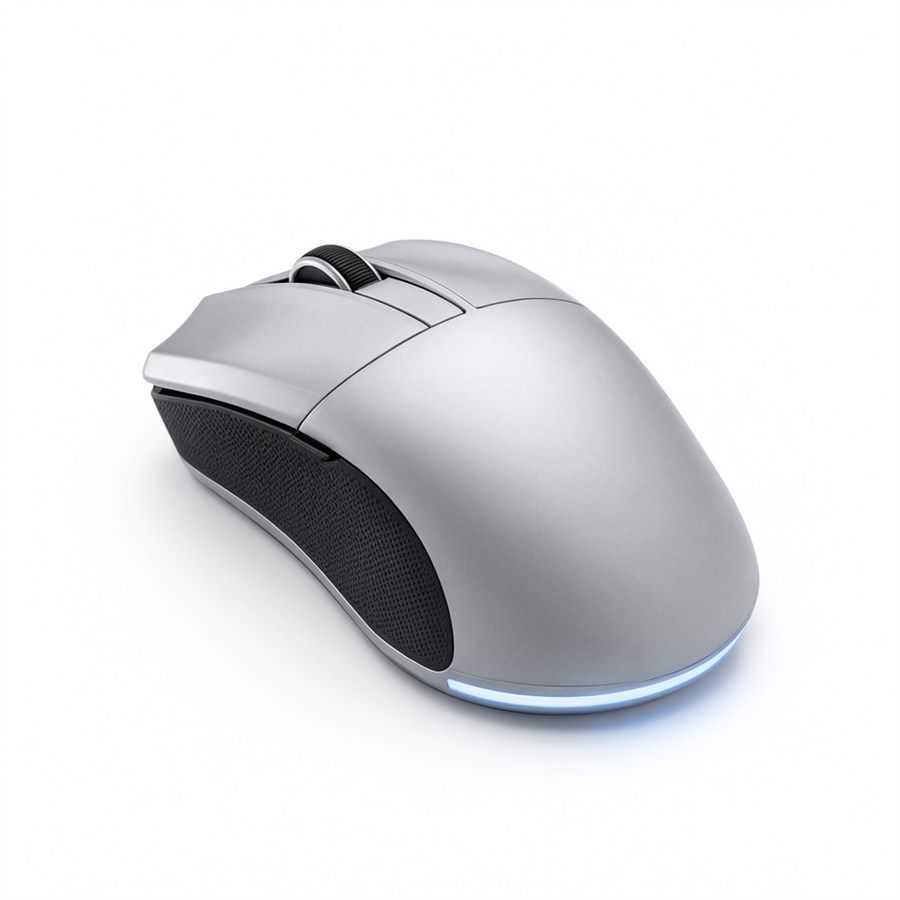 The CURVE 74 in matte silver — a right-handed ergonomic shell with a black textured thumb panel and a single blue underglow bar along the base.