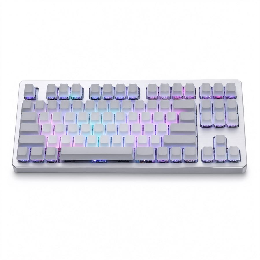 The RAIL 80 HE — a tenkeyless board with blank white keycaps on a brushed silver aluminium frame, lit by pastel per-key RGB through exposed switch housings.