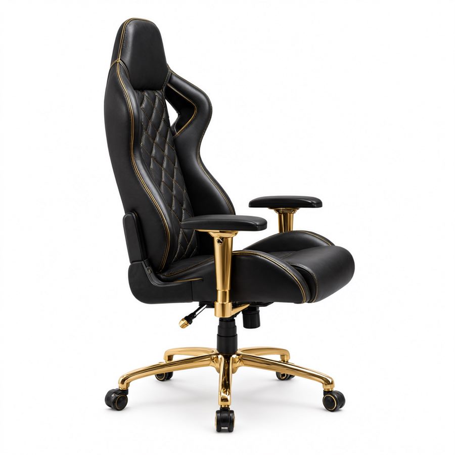 The SESSION XL in black leather with gold diamond quilting and gold piping, an integrated headrest, gold armrest posts and a polished brass five-star base.