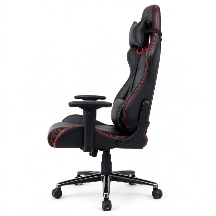 The SESSION chair in black with red piping, a strap-on headrest pillow and a strap-on lumbar cushion, on a polished chrome five-star base.